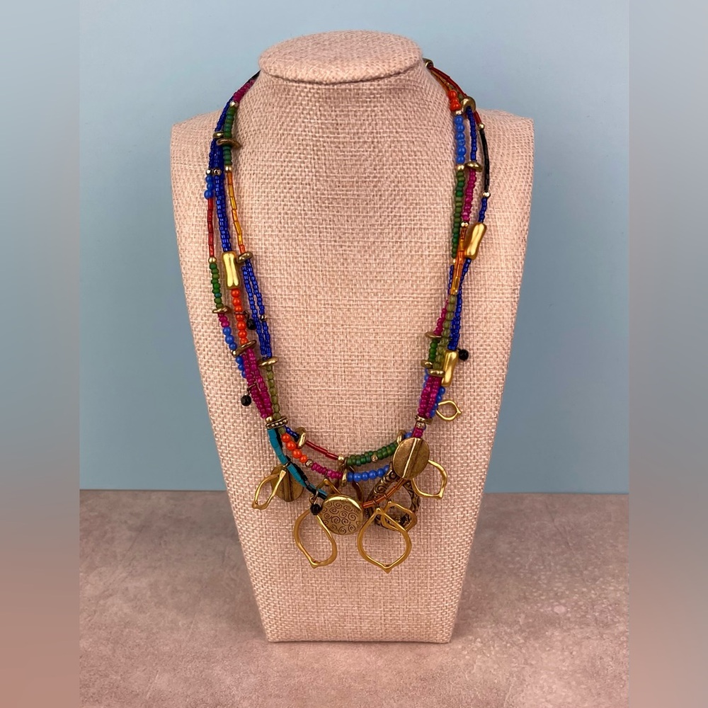 Chico's Multi-Strand Boho Statement Necklace - Antique Gold Tone & Colorful Bead